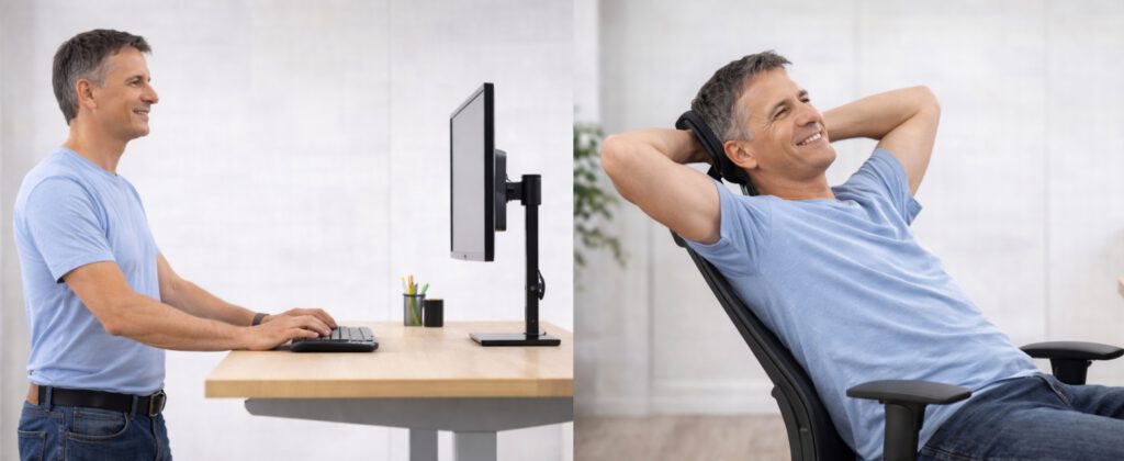Verschiedene Haltungen am Bildschirm Arbeitplatz - stehen, nach hinten lehnen - abwechslung ist entscheidend für die Rücken und Nacken Gesundheit