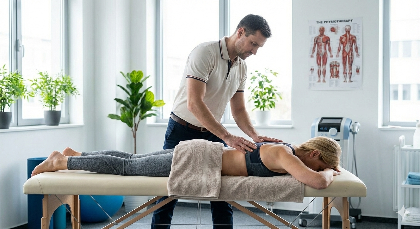 Physiotherapeut massiert-Patientin mit Rückenbeschwerden
