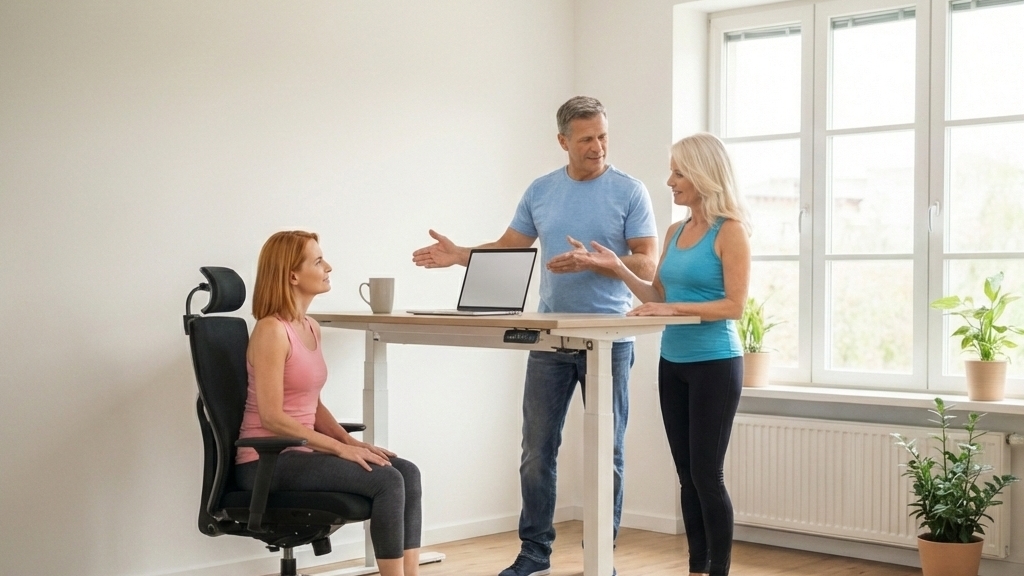 Bürostuhl, höhenverstellbarer Tisch, 3 Modells im mittleren Alter im Büro
